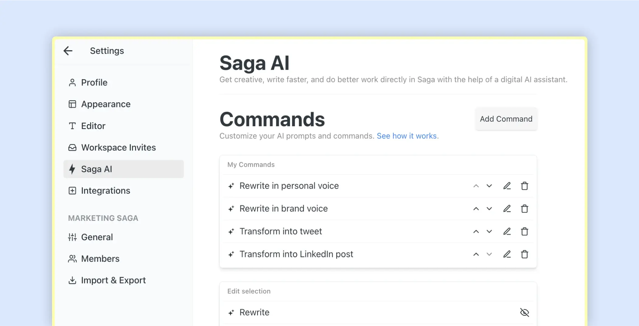 Custom AI Commands & Prompts | Saga Guides