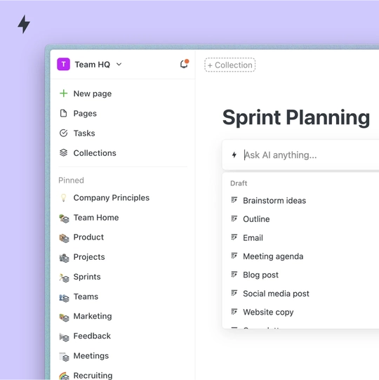 A new sprint planning document in Saga and the Saga AI autocomplete inside the page.