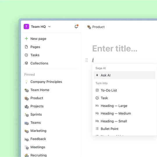 A page in Saga showing a new empty page and the autocomplete menu in Saga