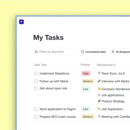 Task management in Saga showing aggregated tasks across different pages in a Saga workspace.