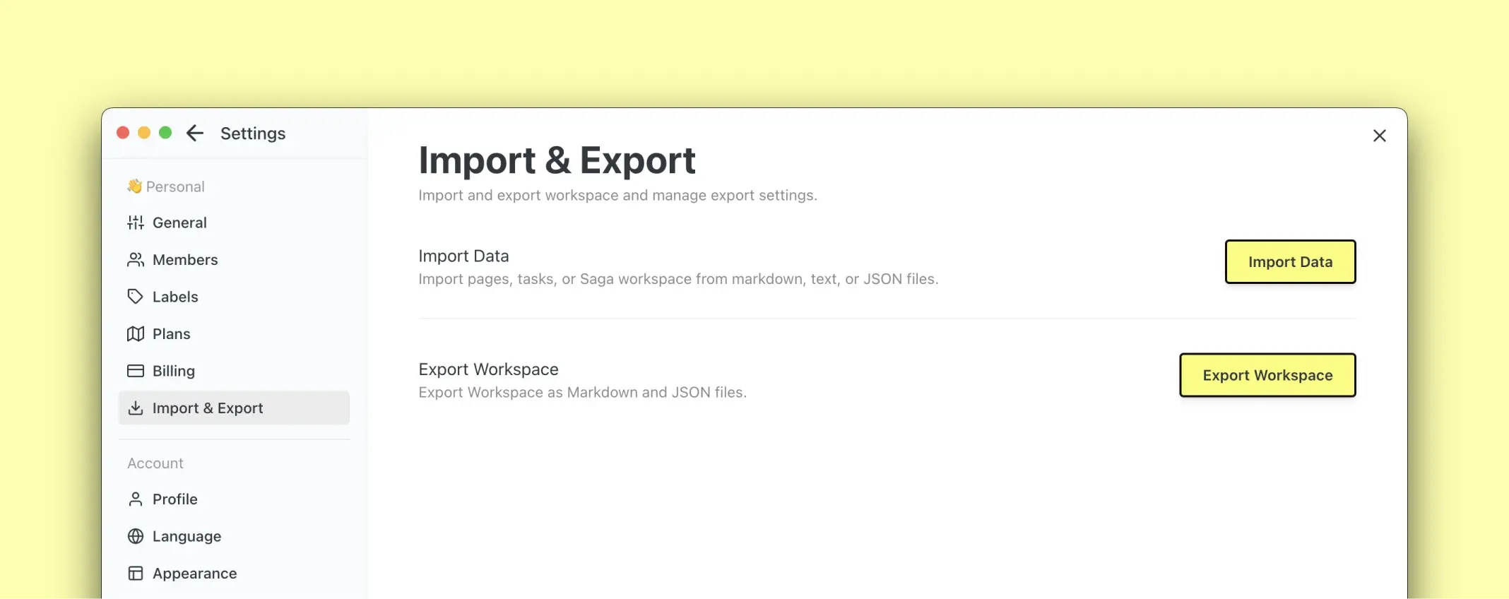 Saga Import & Export settings screen