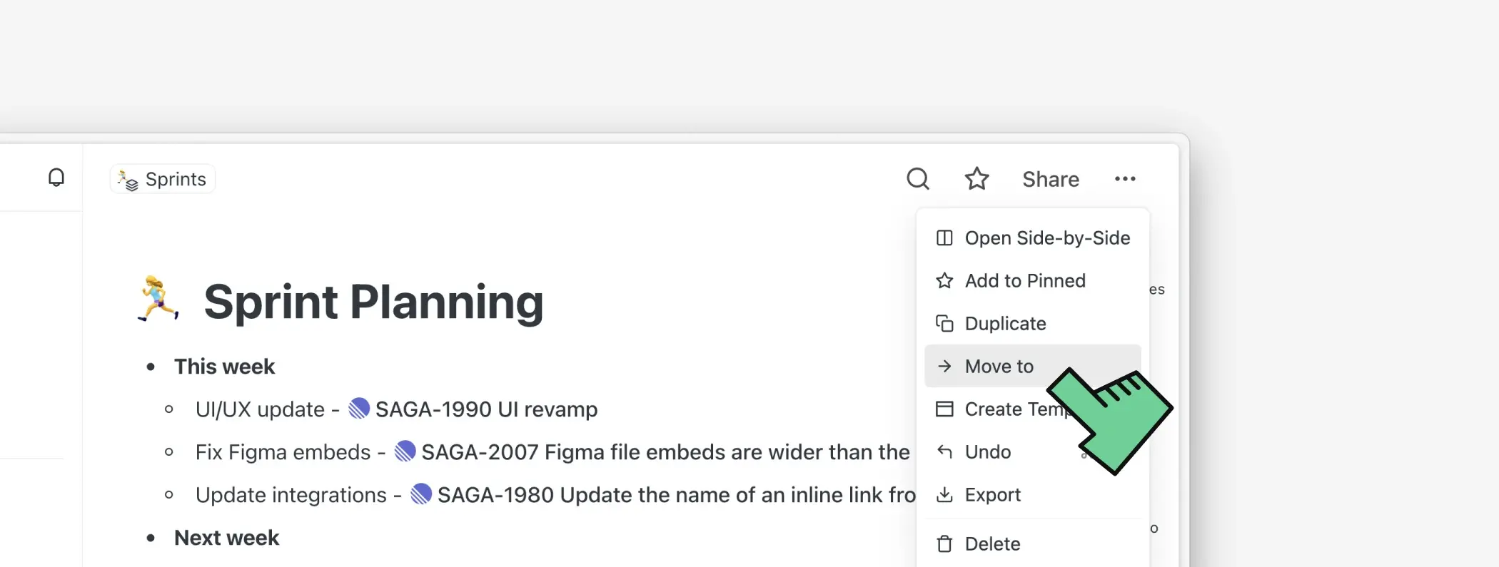 Move page modal showing workspace selection