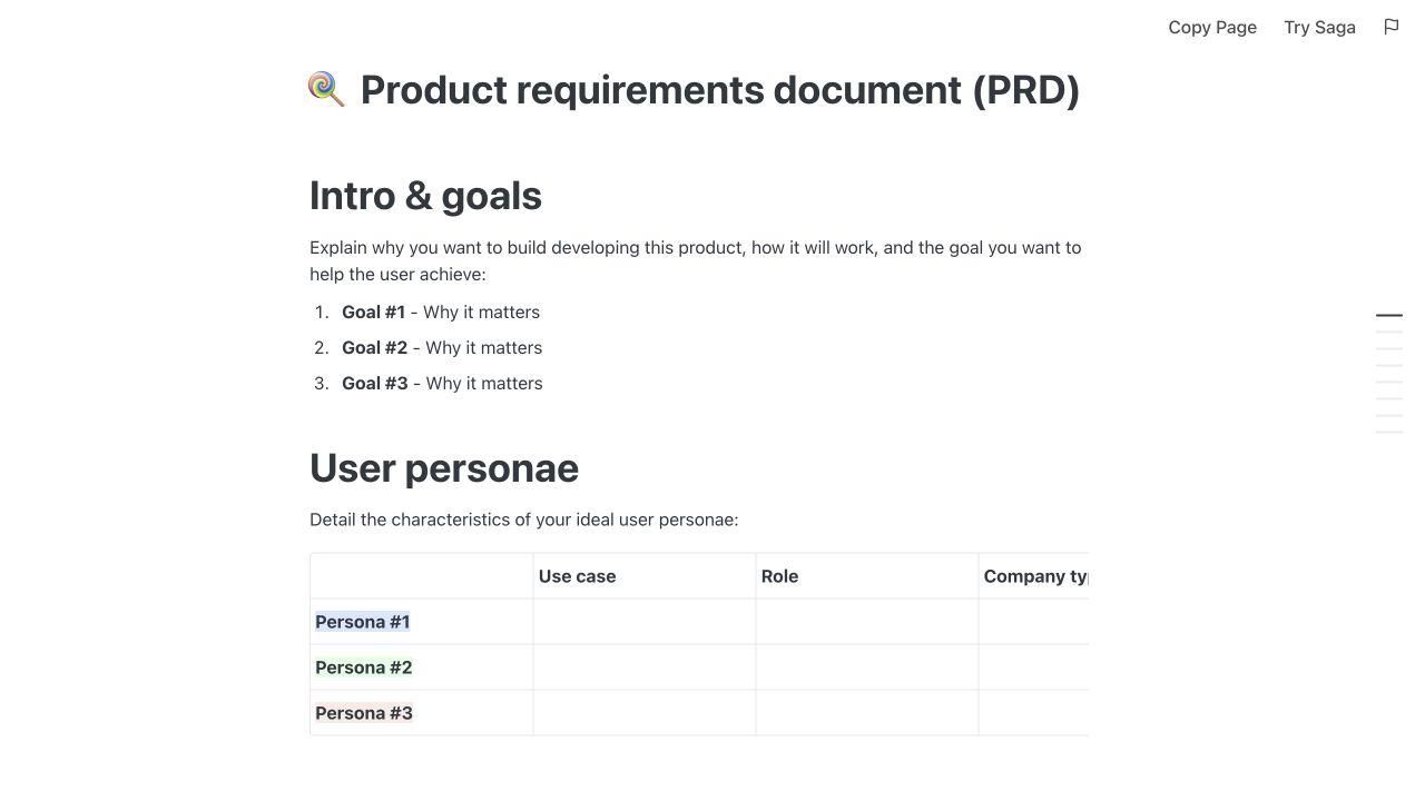 Published PRD template in Saga showing product goals and user personas
