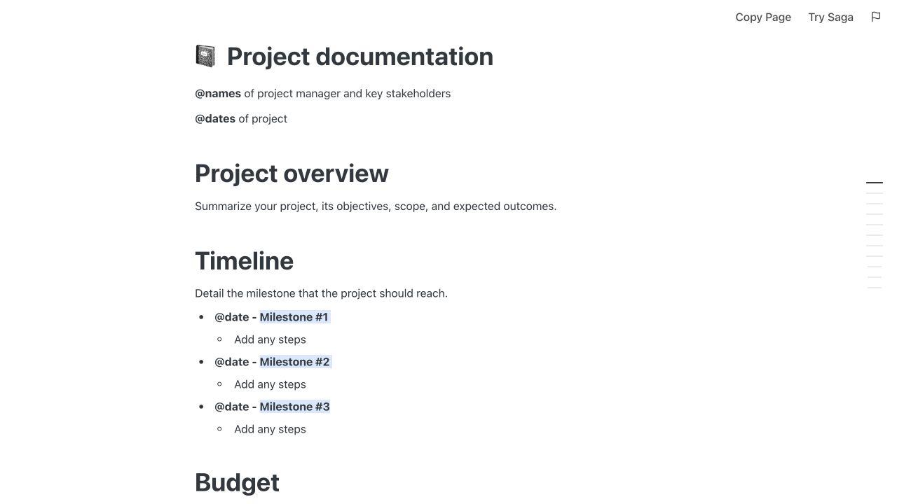 Modèle de documentation de projet publié dans Saga avec la vue d’ensemble du projet et son calendrier