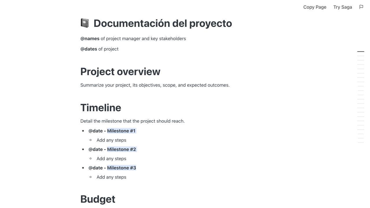 Plantilla publicada de documentación de proyecto en Saga con la vista general y el cronograma de la sección en inglés