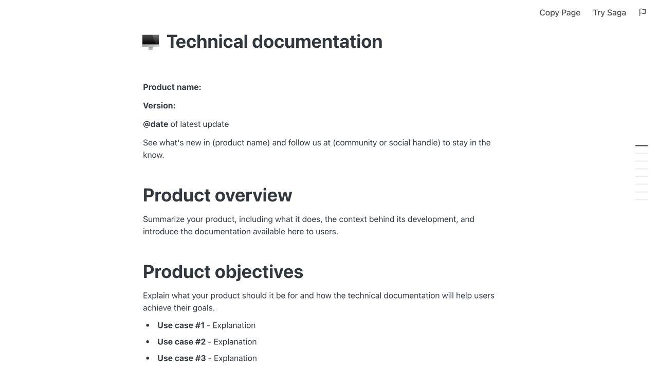 Published technical documentation template in Saga showing product details, an overview, and objectives