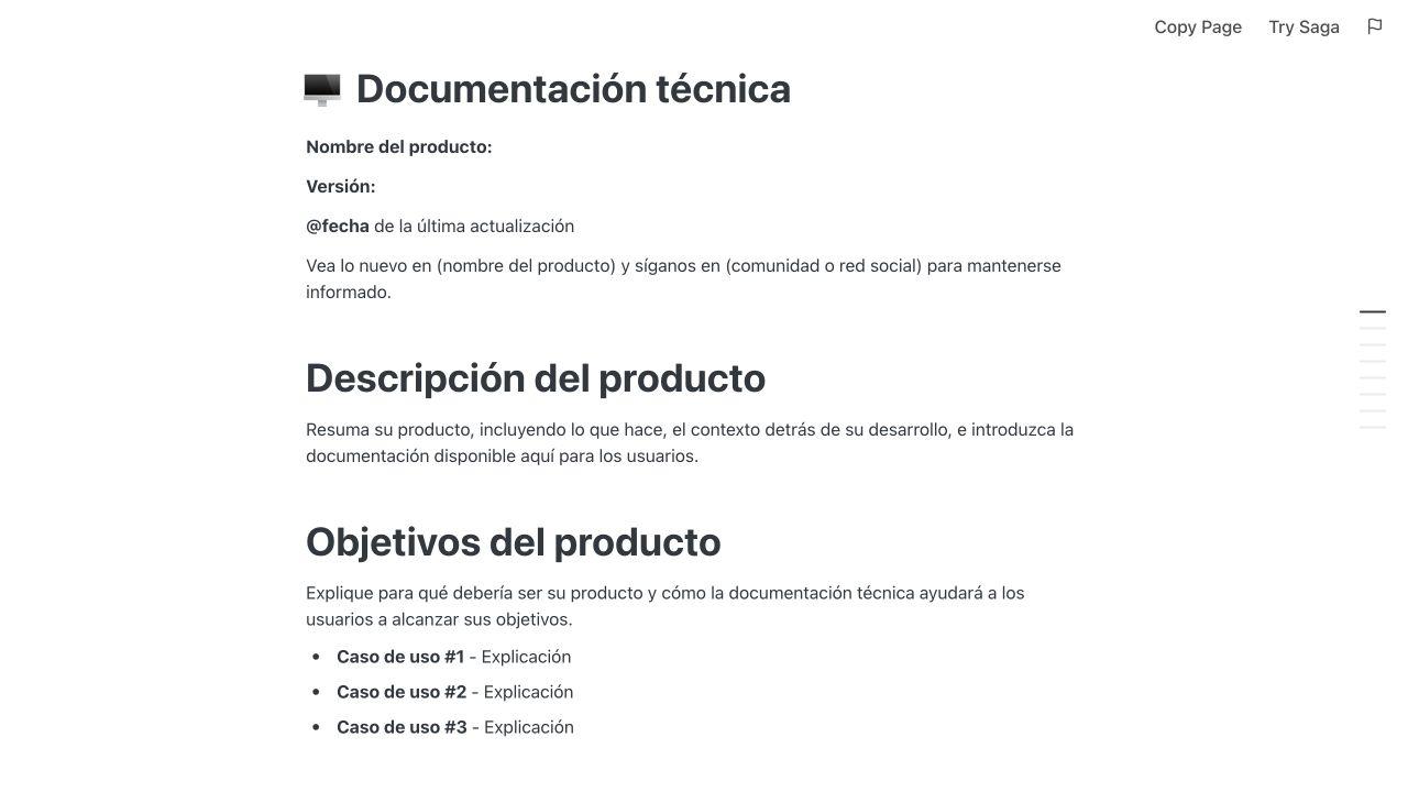 Plantilla publicada de documentación técnica en Saga con los datos del producto, la vista general y los objetivos