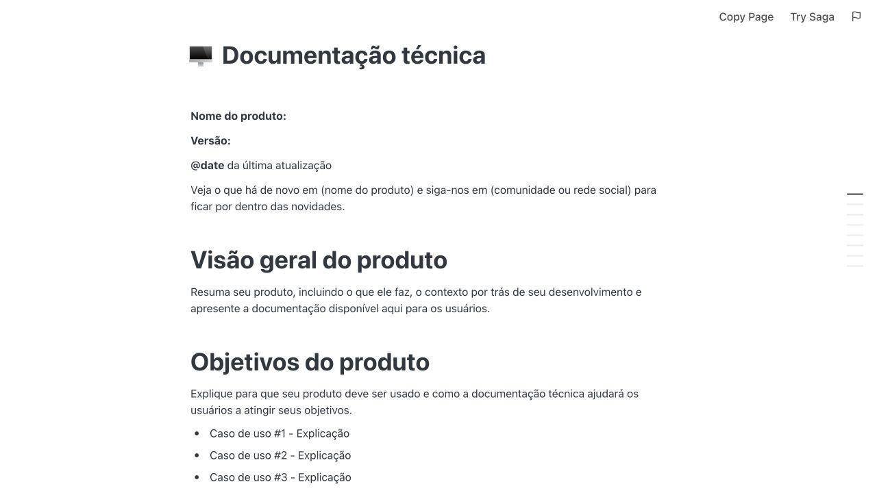 Modelo de documentação técnica publicado no Saga com os detalhes, a visão geral e os objetivos do produto