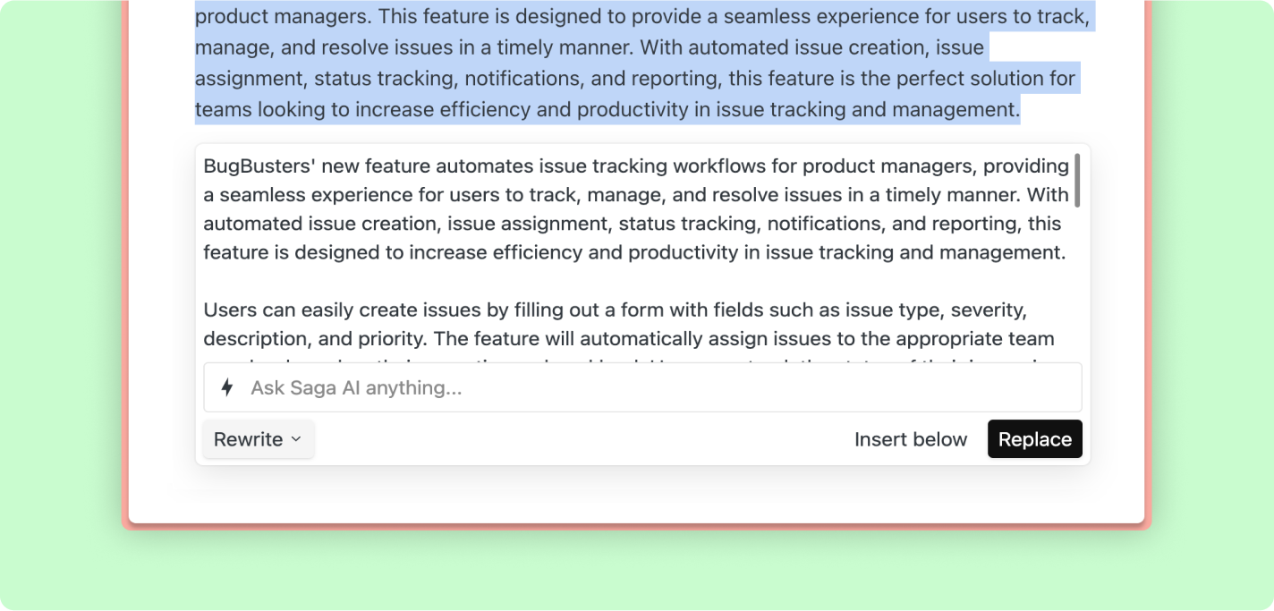 Saga AI example for drafting product content