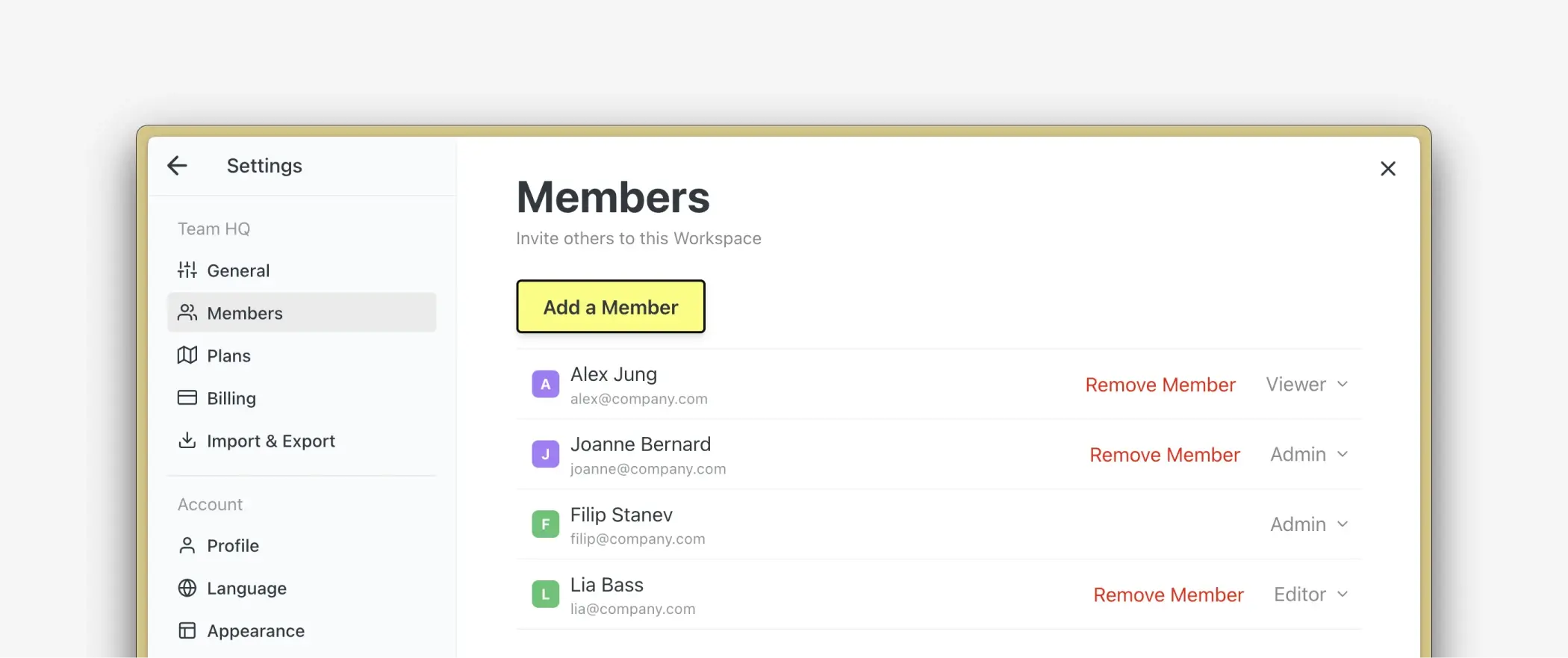Workspace members list and role settings