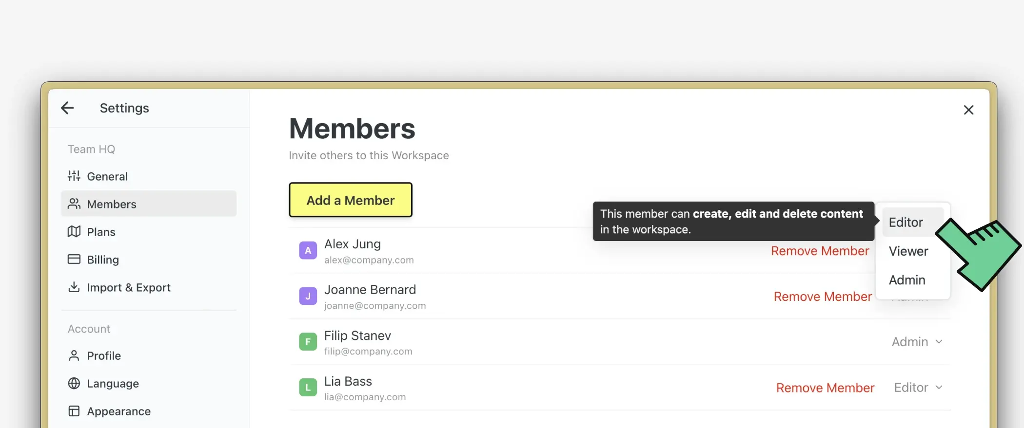 Workspace permission level dropdown