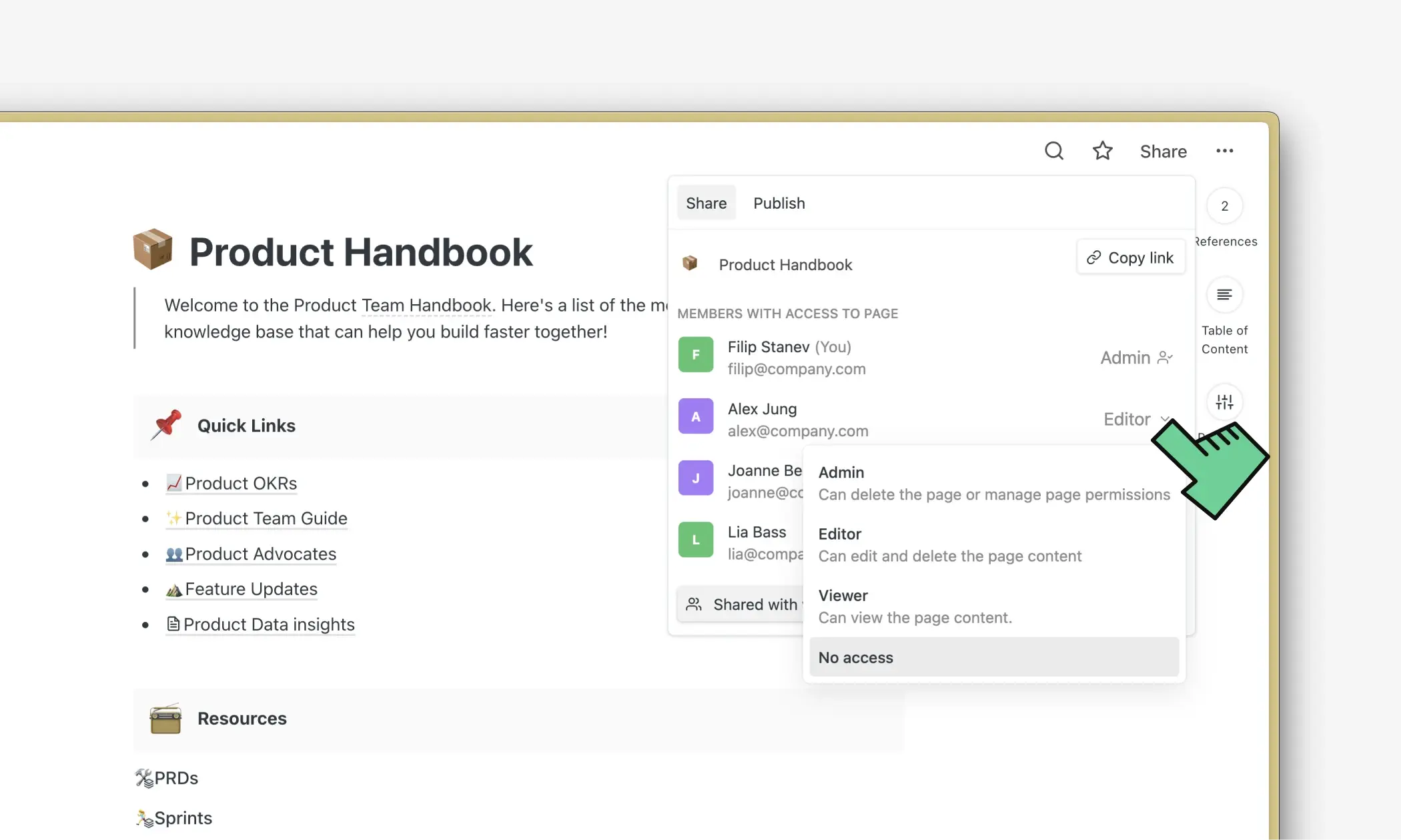 Page-level permissions dropdown in the share menu