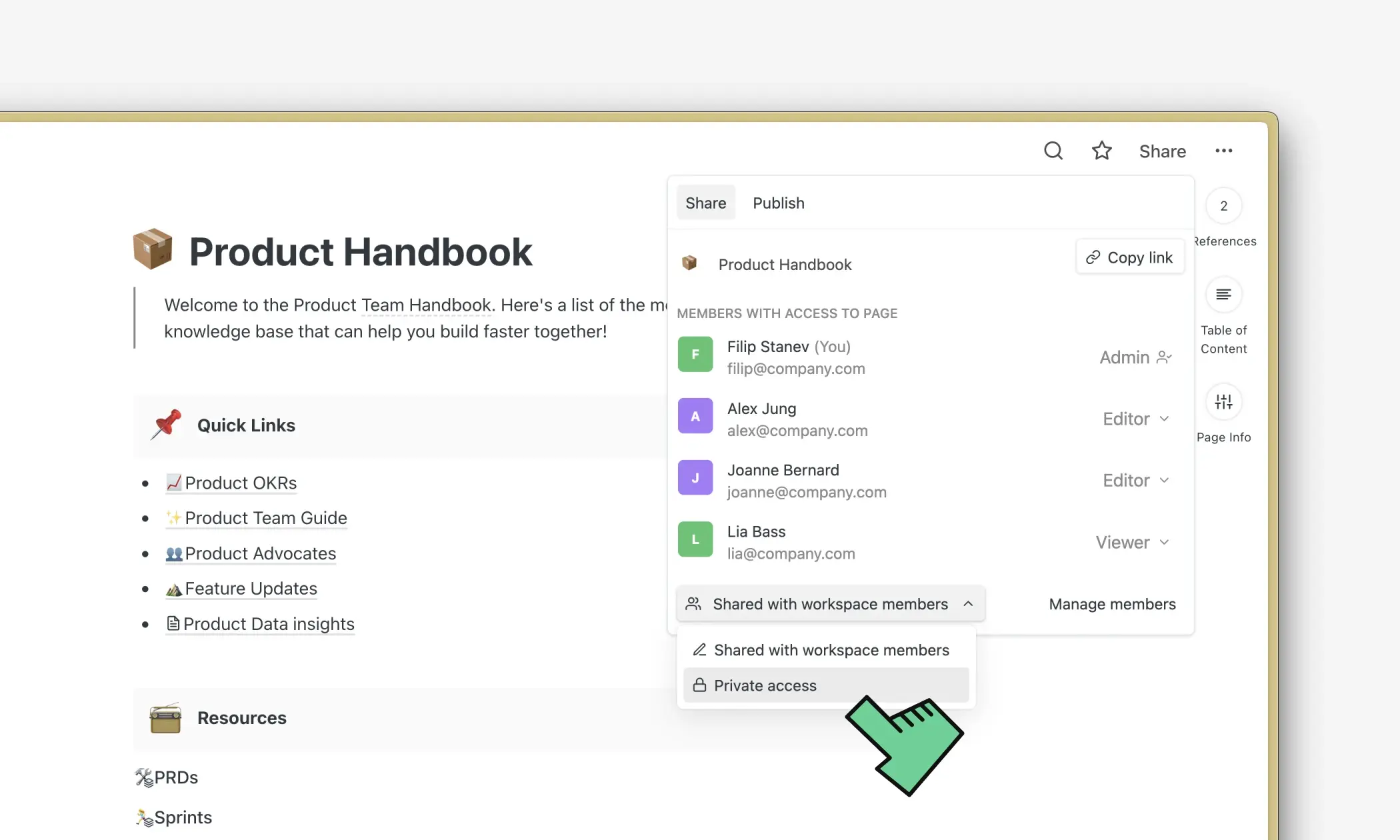Private access option selected in the share menu