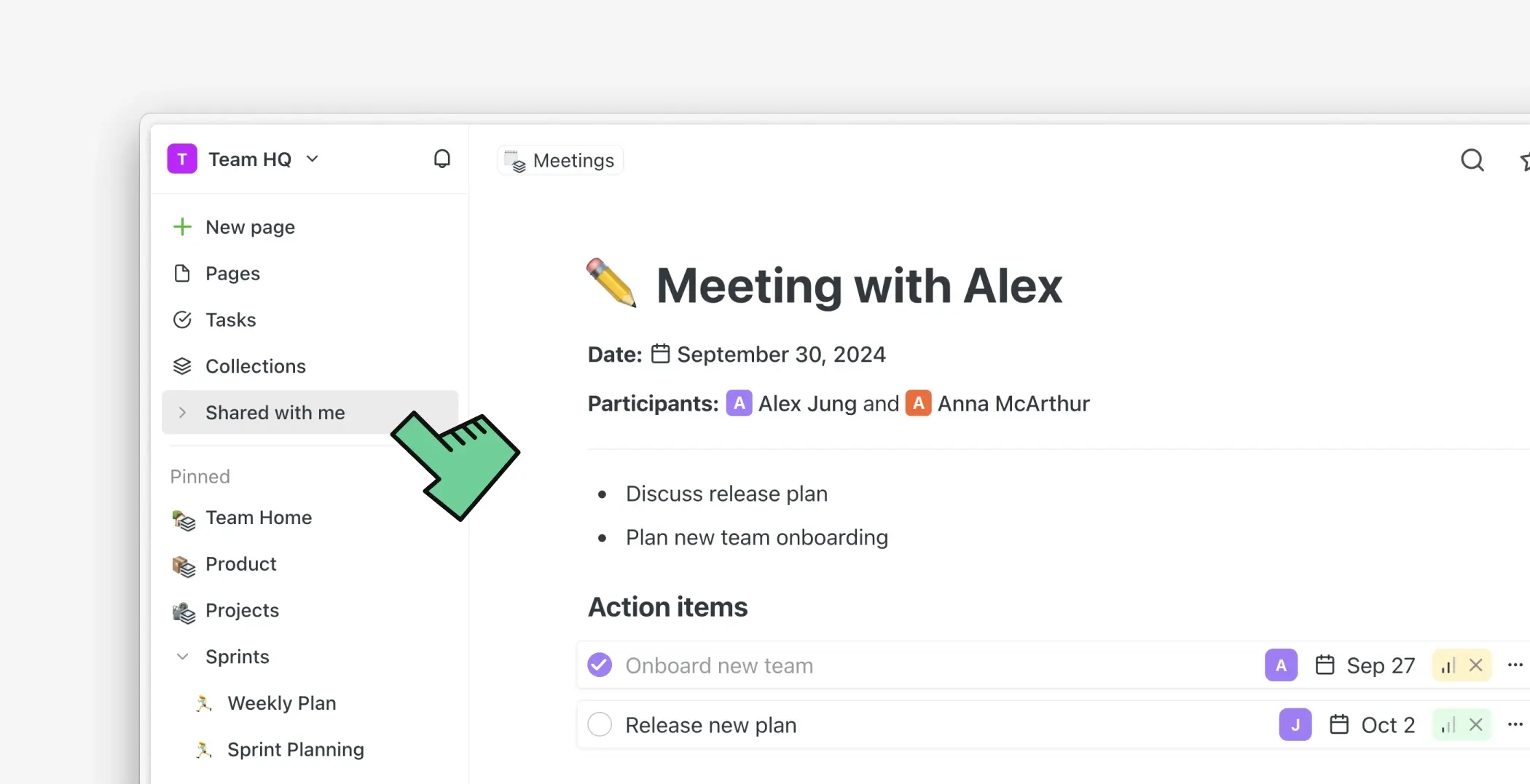 Shared with me table showing invited pages