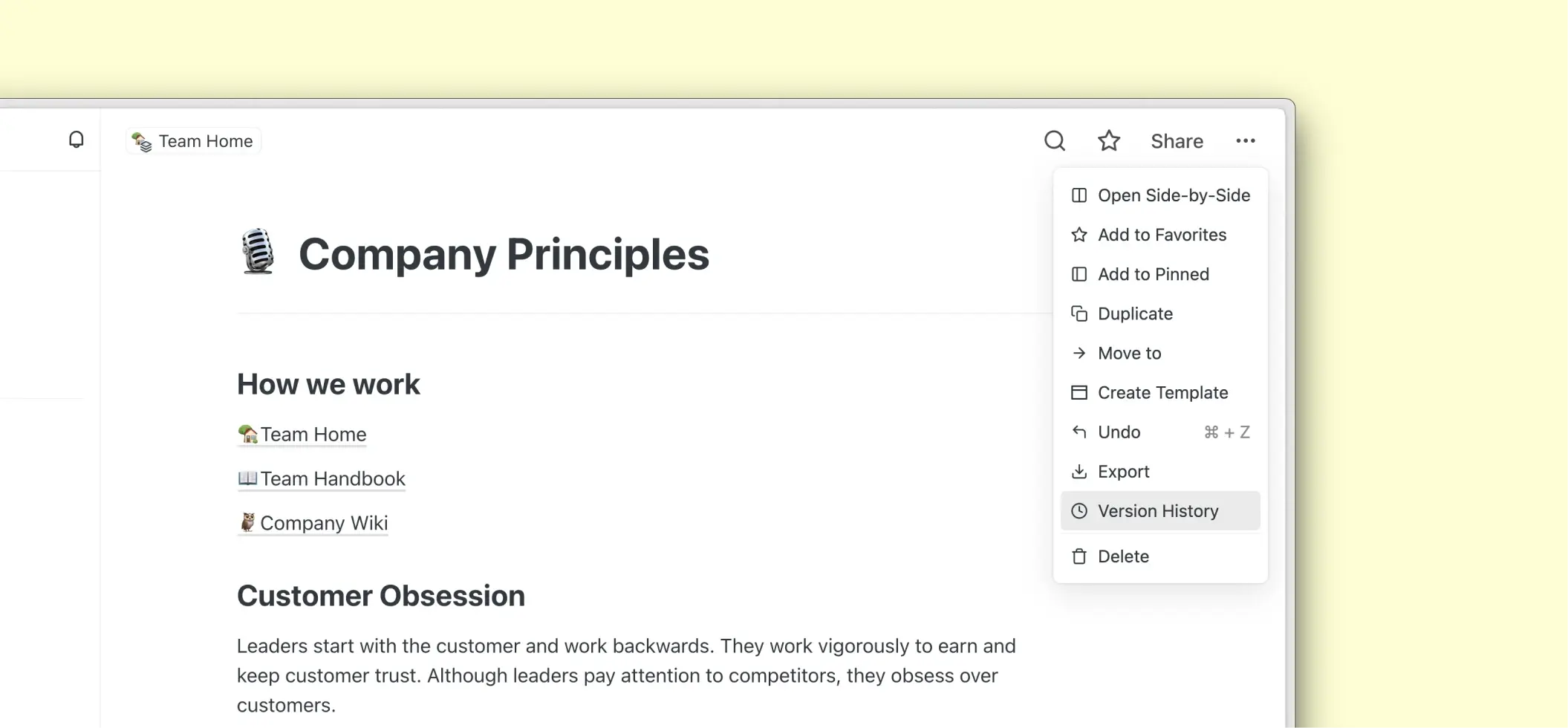 Version history panel listing saved versions