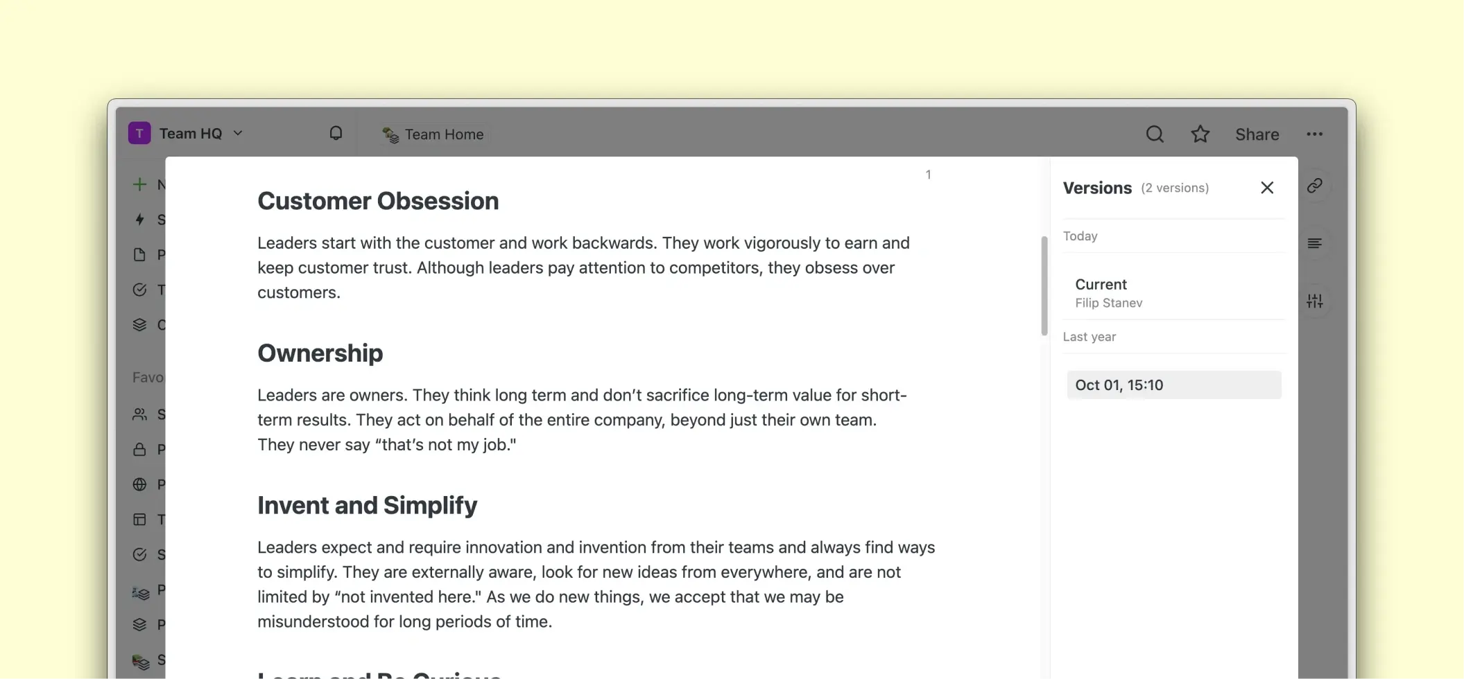 Version history preview showing a selected revision